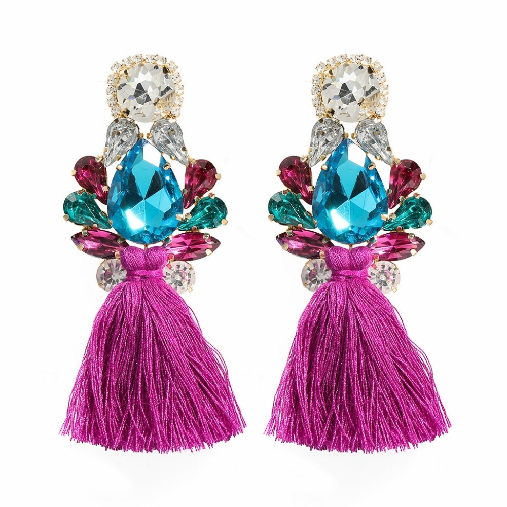 Statement Crystal Tassel Earrings – Colorful Gemstone Dangle with Fuchsia Fringe